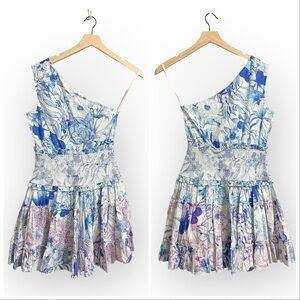NWT Rococo Sand Amaya One Shoulder‎ Floral Print Mini Dress, Size S, Color Blue